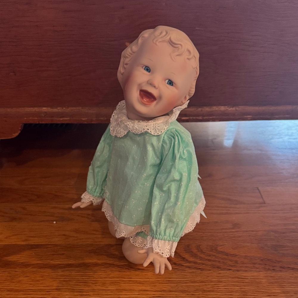 Vintage Porcelain Doll with Green Dress